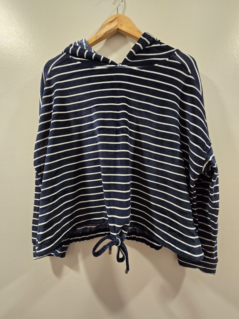 Cable & Gauge Navy and White Striped Hooded Drawstring Top